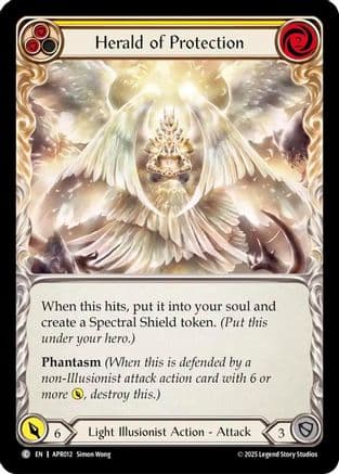 Herald of Protection (Yellow) — Armory Deck: Legends Prism Flesh and Blood card by Simon Wong