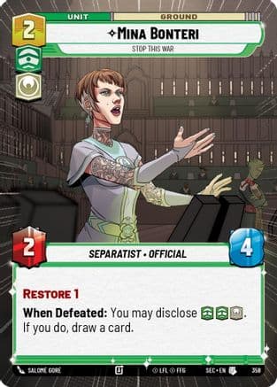 Mina Bonteri - Stop This War (Hyperspace) — Secrets of Power Star Wars: Unlimited card by Salomé Goré 