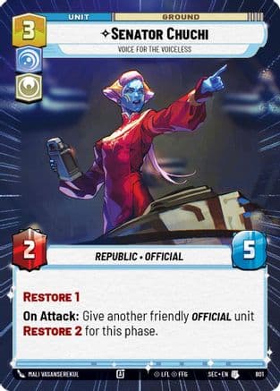 Senator Chuchi - Voice for the Voiceless (Hyperspace Foil) — Secrets of Power Star Wars: Unlimited card by Mali Vasanserekul