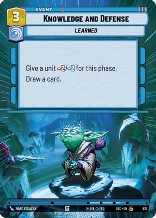 Knowledge and Defense (Hyperspace Foil) — Secrets of Power Star Wars: Unlimited card by Marc Escachx