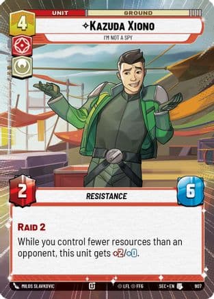 Kazuda Xiono - I'm Not A Spy (Hyperspace Foil) — Secrets of Power Star Wars: Unlimited card by Milos Slavkovic