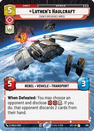 Luthen's Haulcraft - Countermeasures Armed (Hyperspace Foil) — Secrets of Power Star Wars: Unlimited card by EJ Dela Cruz