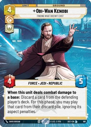 Obi-Wan Kenobi - Finding What Doesn't Exist (Hyperspace Foil) — Secrets of Power Star Wars: Unlimited card by David Buisan