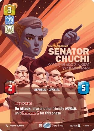 Senator Chuchi - Voice for the Voiceless (Prestige) — Secrets of Power Star Wars: Unlimited card by Mali Vasanserekul