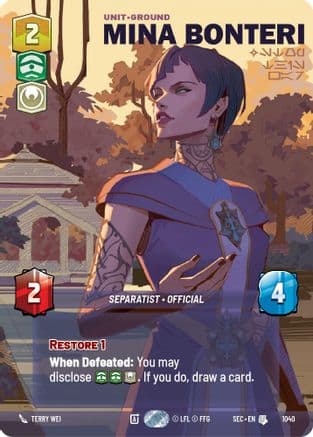Mina Bonteri - Stop This War (Prestige) — Secrets of Power Star Wars: Unlimited card by Salomé Goré 