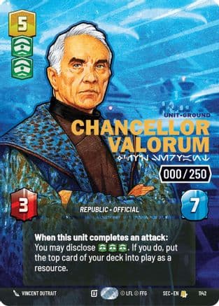 Chancellor Valorum - Civil Servant (Serialized) — Secrets of Power Star Wars: Unlimited card by Milos Slavkovic