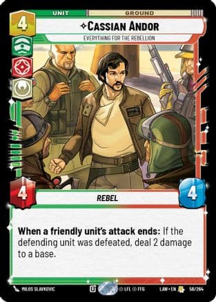 Cassian Andor - Everything for the Rebellion — A Lawless Time Star Wars: Unlimited card by Milos Slavkovic