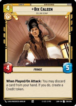 Bix Caleen - Selling Scrap — A Lawless Time Star Wars: Unlimited card by Lucia Massucco-Aguilar