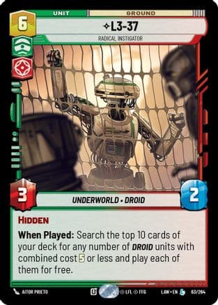 L3-37 - Radical Instigator — A Lawless Time Star Wars: Unlimited card by Aitor Prieto