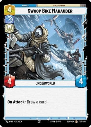 Swoop Bike Marauder — A Lawless Time Star Wars: Unlimited card by Kyle Petchock