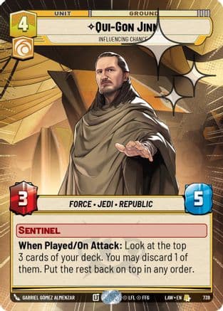 Qui-Gon Jinn - Influencing Chance (Hyperspace Foil) — A Lawless Time Star Wars: Unlimited card by Gabriel Gómez Almenzar