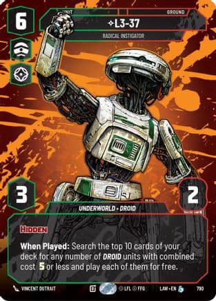 L3-37 - Radical Instigator (Prestige) — A Lawless Time Star Wars: Unlimited card by Vincent Dutrait