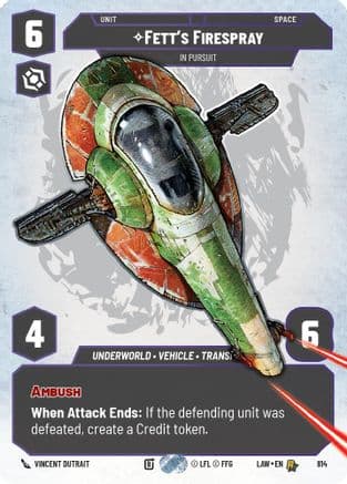 Fett's Firespray - In Pursuit (Prestige) — A Lawless Time Star Wars: Unlimited card by Vincent Dutrait