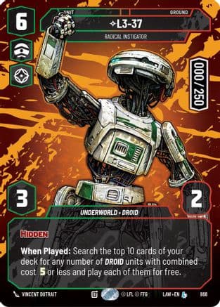 L3-37 - Radical Instigator (Serialized) — A Lawless Time Star Wars: Unlimited card by Vincent Dutrait