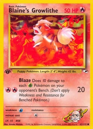 Blaine's Growlithe (62) — Gym Heroes Pokémon TCG card by Atsuko Nishida