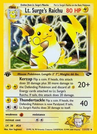 Lt. Surge's Raichu — Gym Challenge Pokémon TCG card by Ken Sugimori
