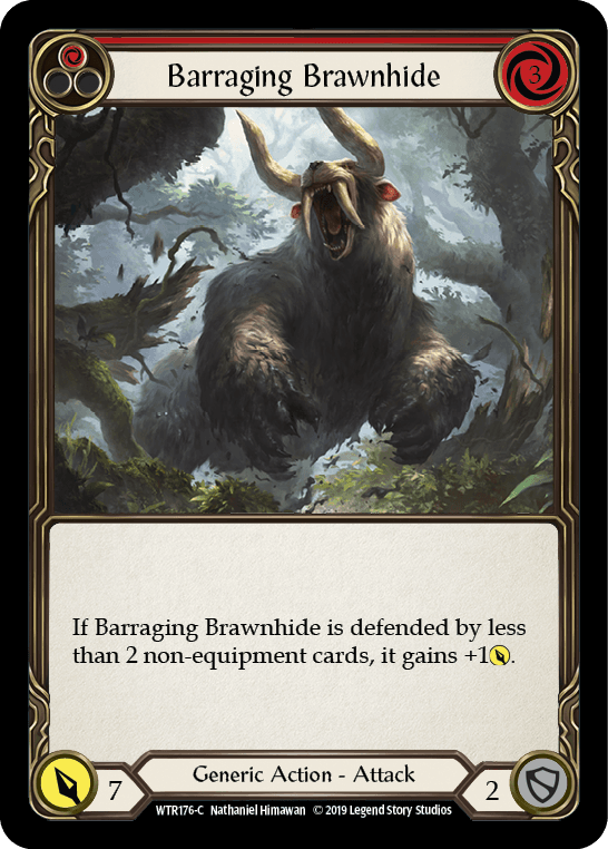 Barraging Brawnhide (Red) — Welcome to Rathe Flesh and Blood card by Nathaniel Himawan