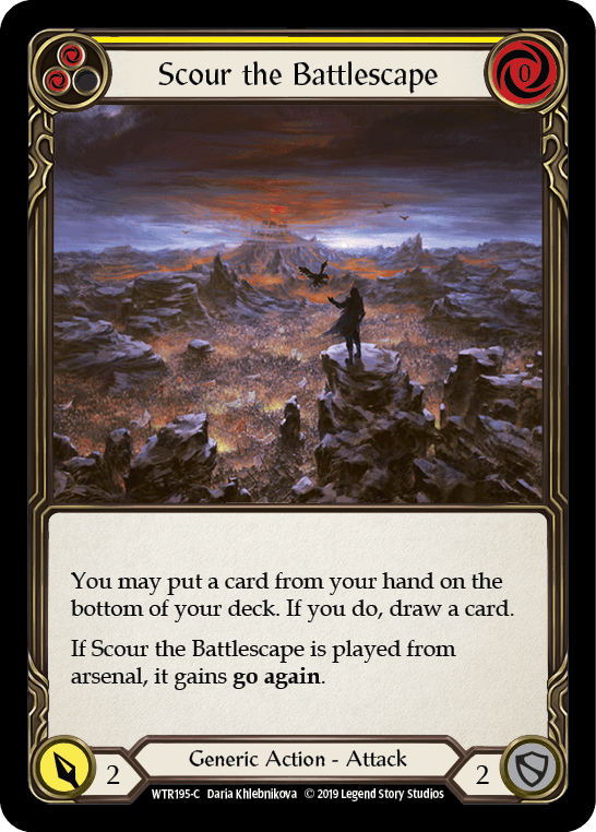 Scour the Battlescape (Yellow) — Welcome to Rathe Flesh and Blood card by Daria Khlebnikova