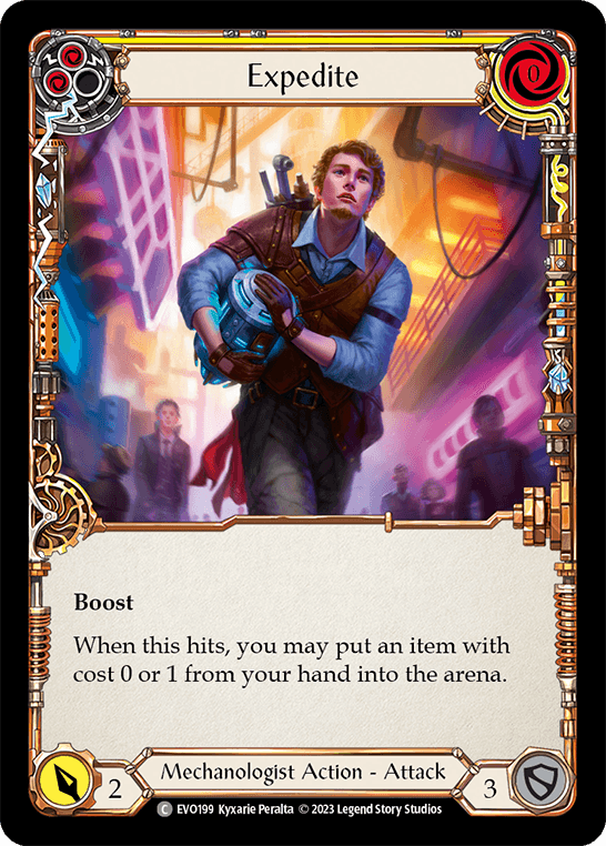Expedite (Yellow) — Bright Lights Flesh and Blood card by Kyxarie Peralta