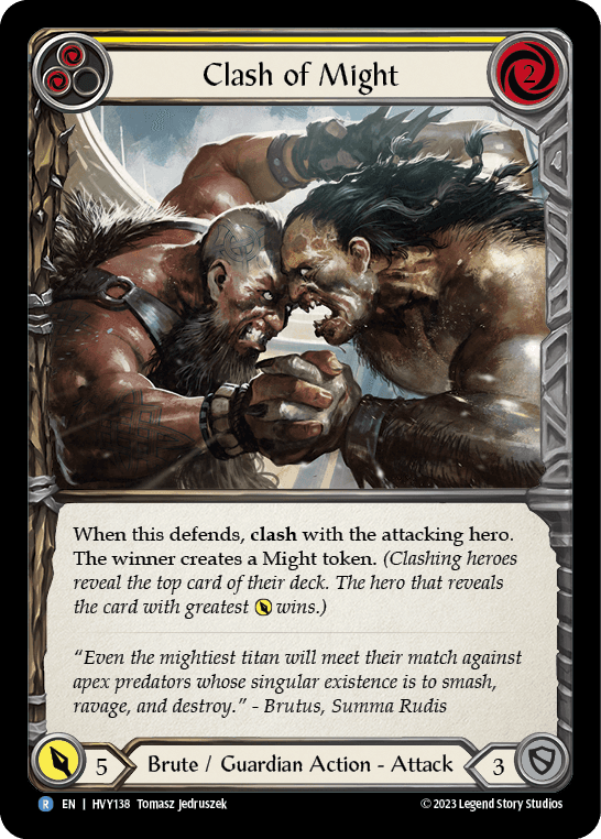 Clash of Might (Yellow) — Heavy Hitters Flesh and Blood card by Tomasz Jedruszek