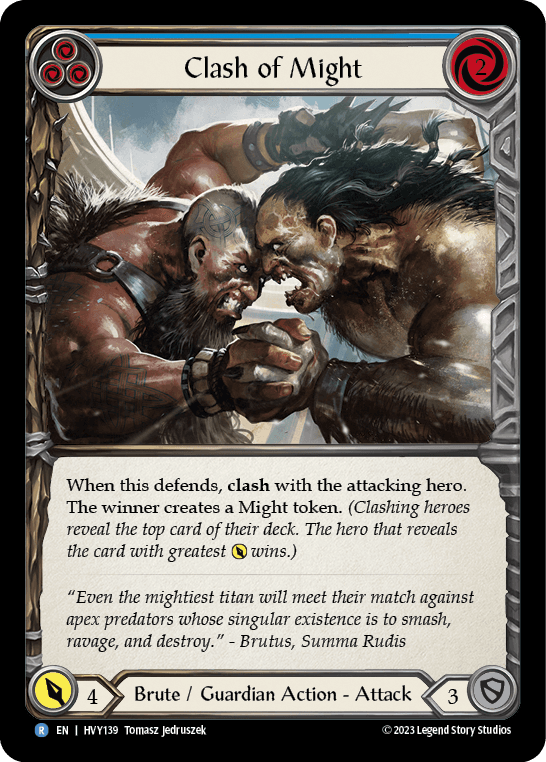 Clash of Might (Blue) — Heavy Hitters Flesh and Blood card by Tomasz Jedruszek
