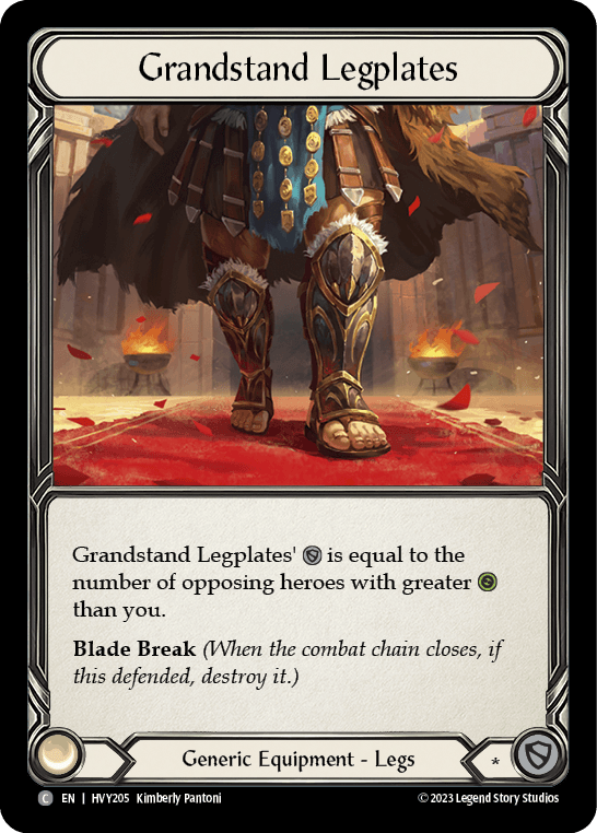 Grandstand Legplates — Heavy Hitters Flesh and Blood card by Kimberly Pantoni