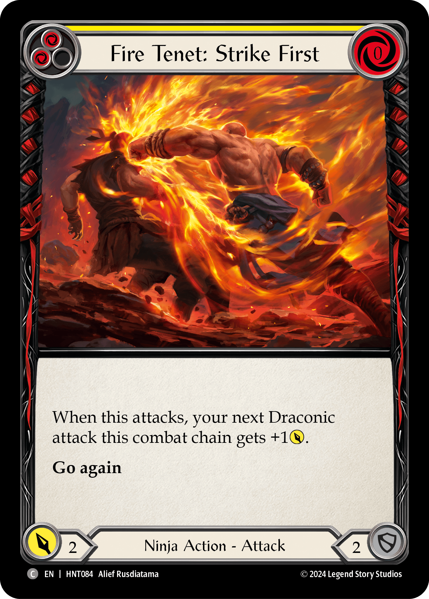 Fire Tenet: Strike First (Yellow) — The Hunted Flesh and Blood card by Alief Rusdiatama