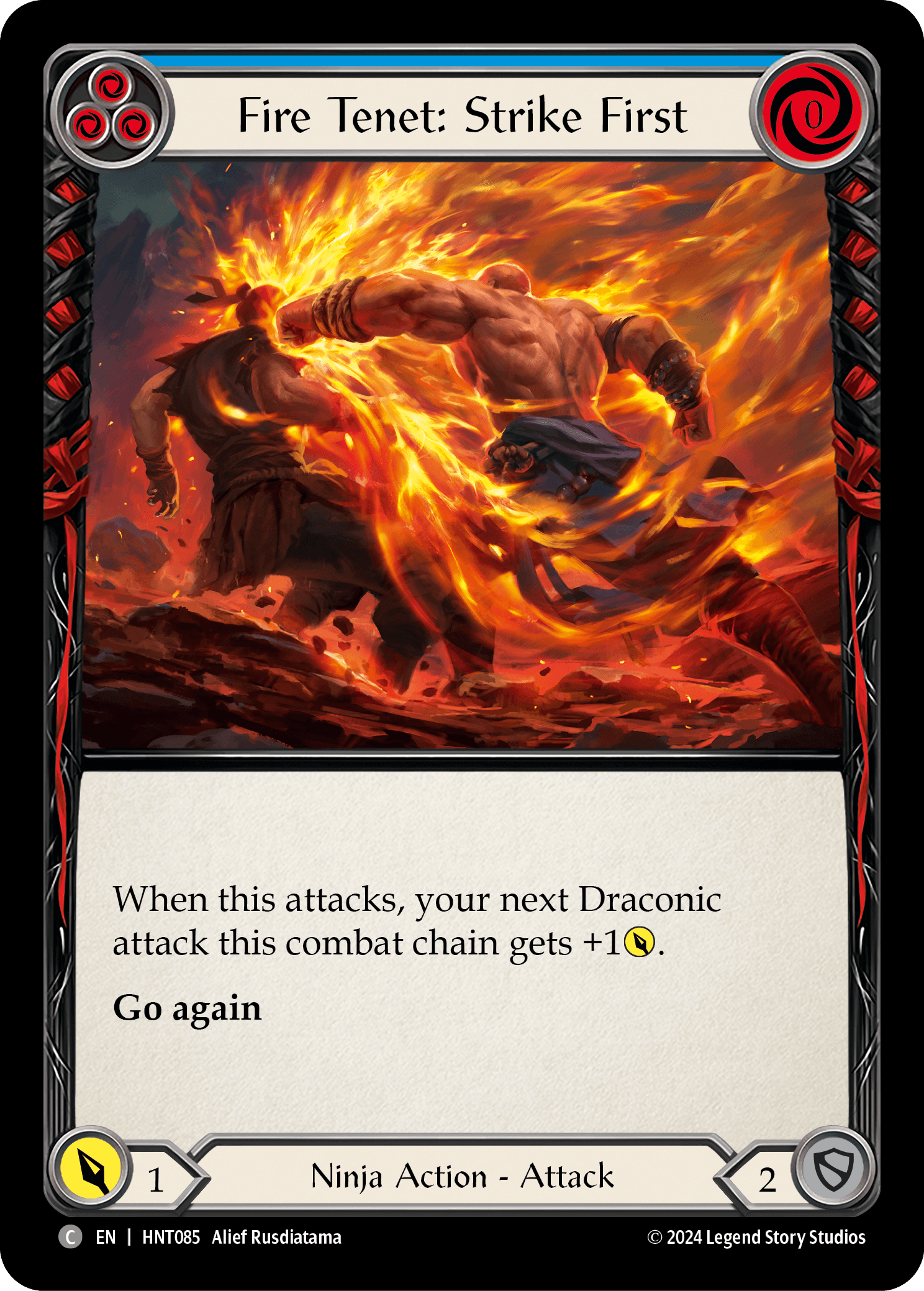 Fire Tenet: Strike First (Blue) — The Hunted Flesh and Blood card by Alief Rusdiatama