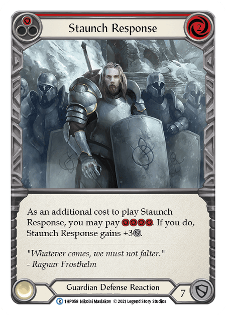 Staunch Response (Red) — History Pack Vol.1 Flesh and Blood card by Nikolai Maslakov