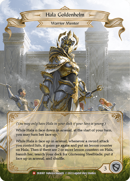 Hala Goldenhelm — Classic Battles: Rhinar vs Dorinthea Flesh and Blood card by Federico Musetti