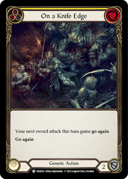 On a Knife Edge — Classic Battles: Rhinar vs Dorinthea Flesh and Blood card by Othon Nikolaidis