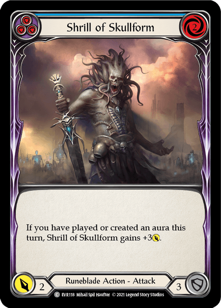 Shrill of Skullform (Blue) — Everfest Flesh and Blood card by Mihail Spil-Haufter