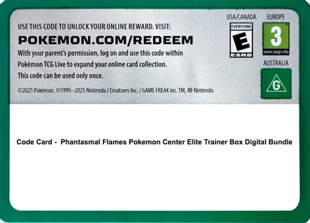 Code Card - Phantasmal Flames Pokemon Center Elite Trainer Box Digital Bundle — ME02: Phantasmal Flames